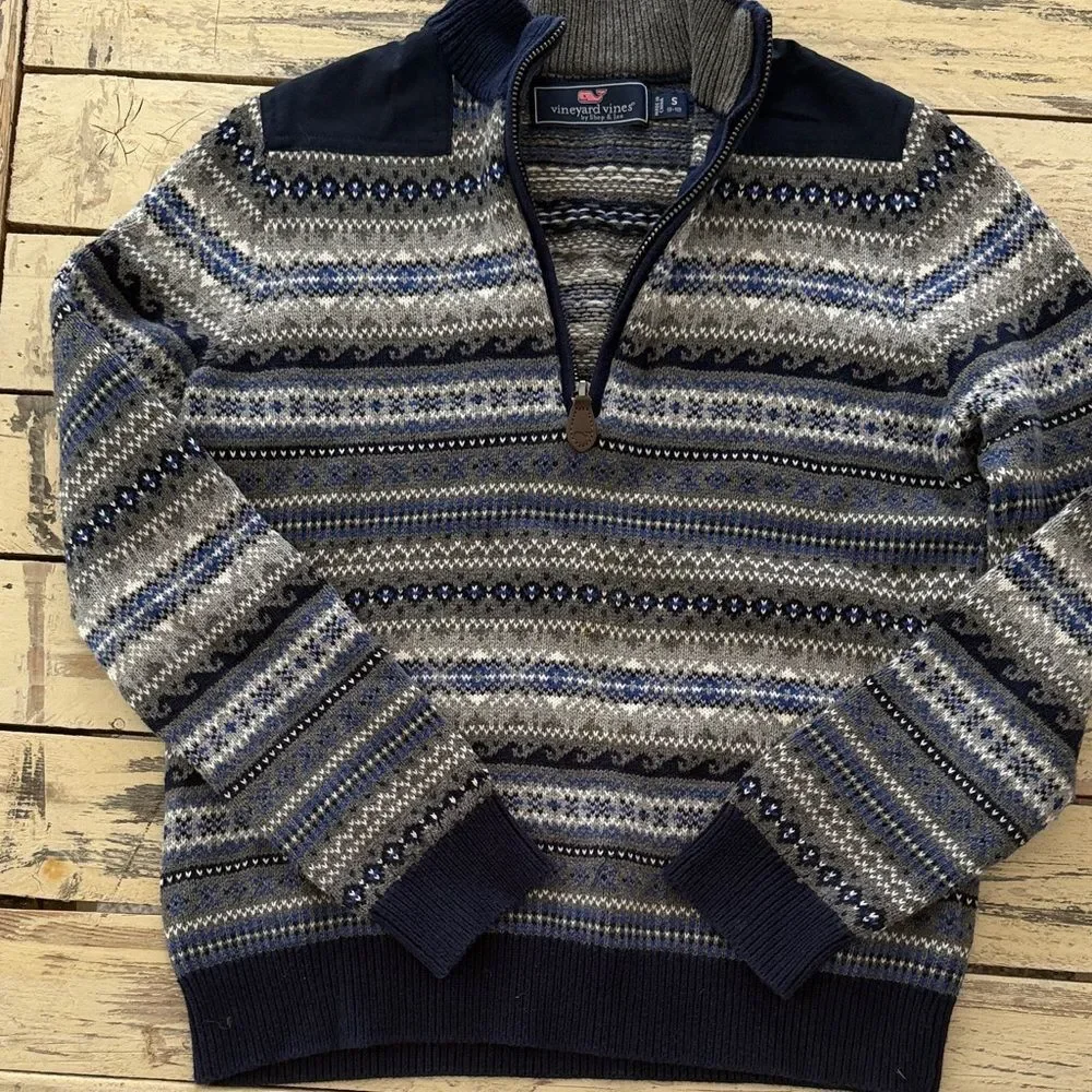 Vineyard Vines kids Navy & Gray Fair Isle Quarter-Zip Sweater